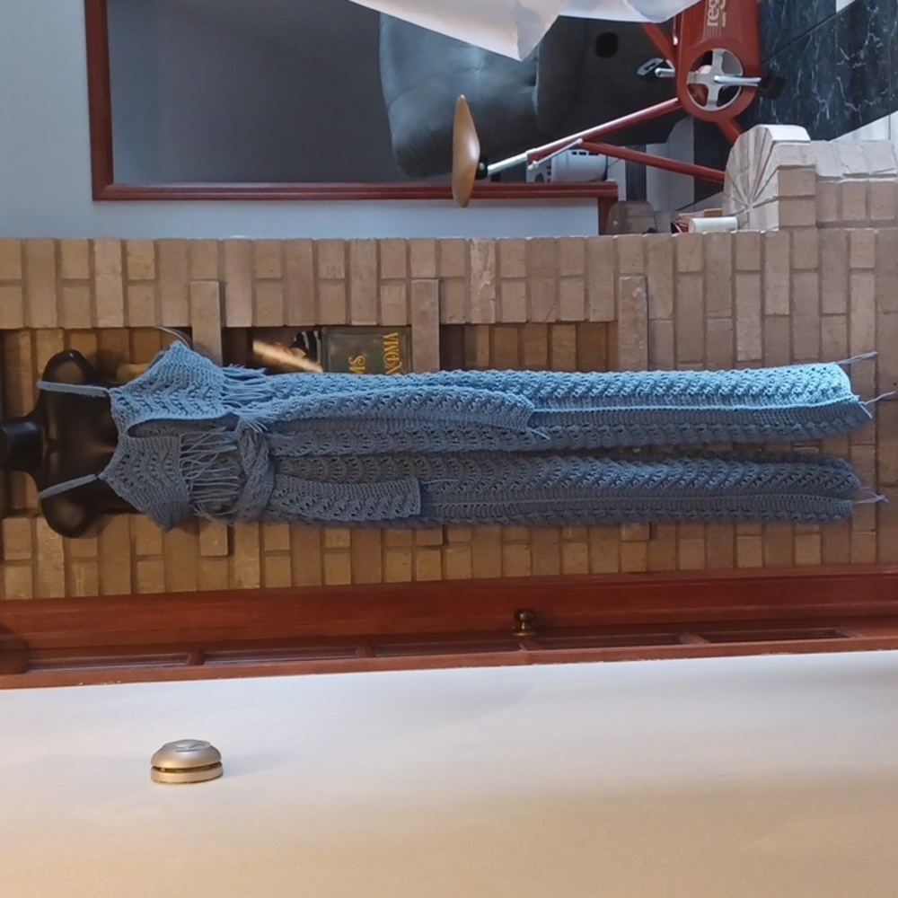 vintage hand-crocheted jumpsuit, blue, one of a kind, sz medium, handmade